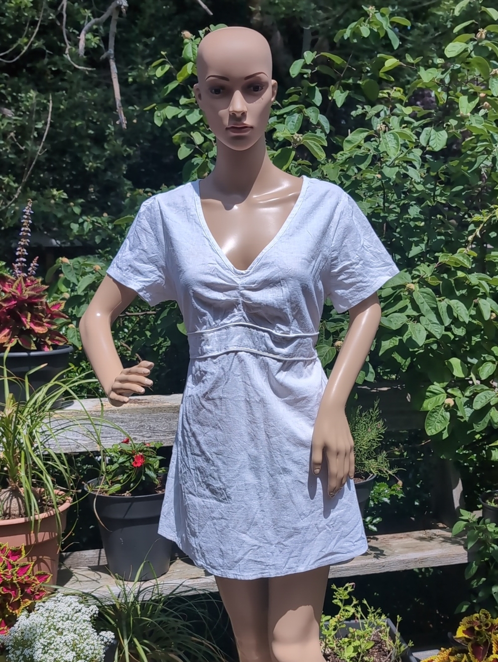 White V-Neck Mini Dress - Classic Linen Blend Summer